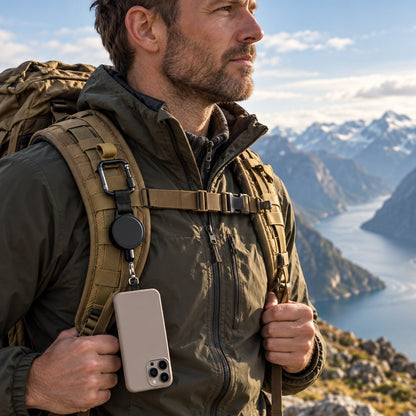 Mobillina™ fäst på ryggsäcksremmen med mobilen hängande i linan