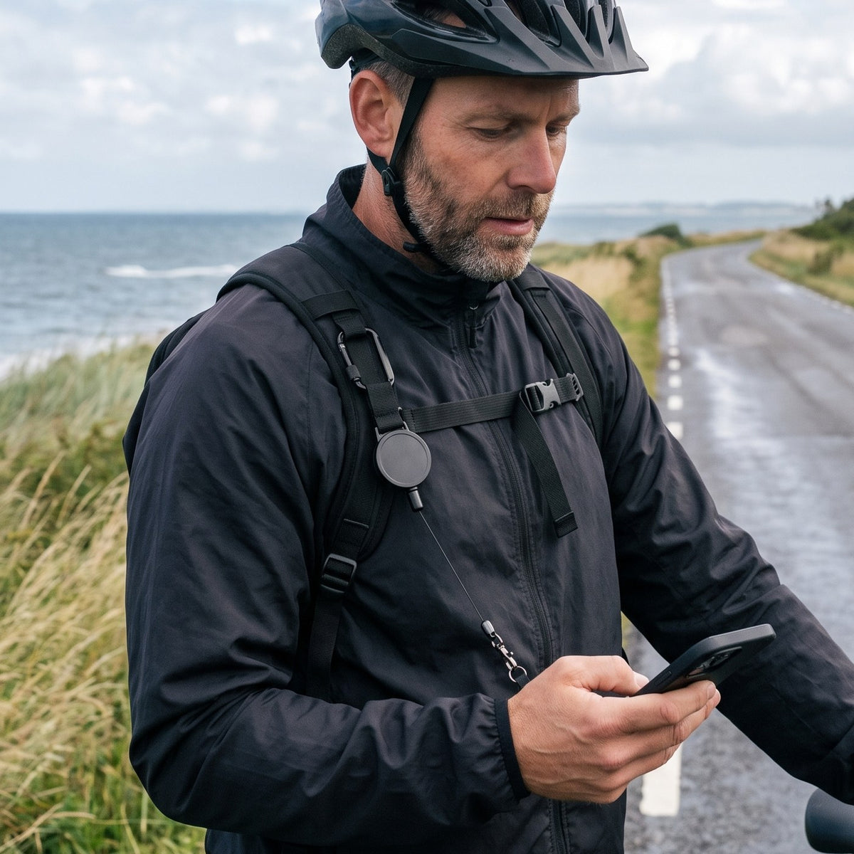 Cyklist använder mobilen med Mobillina™ fäst på ryggsäcken
