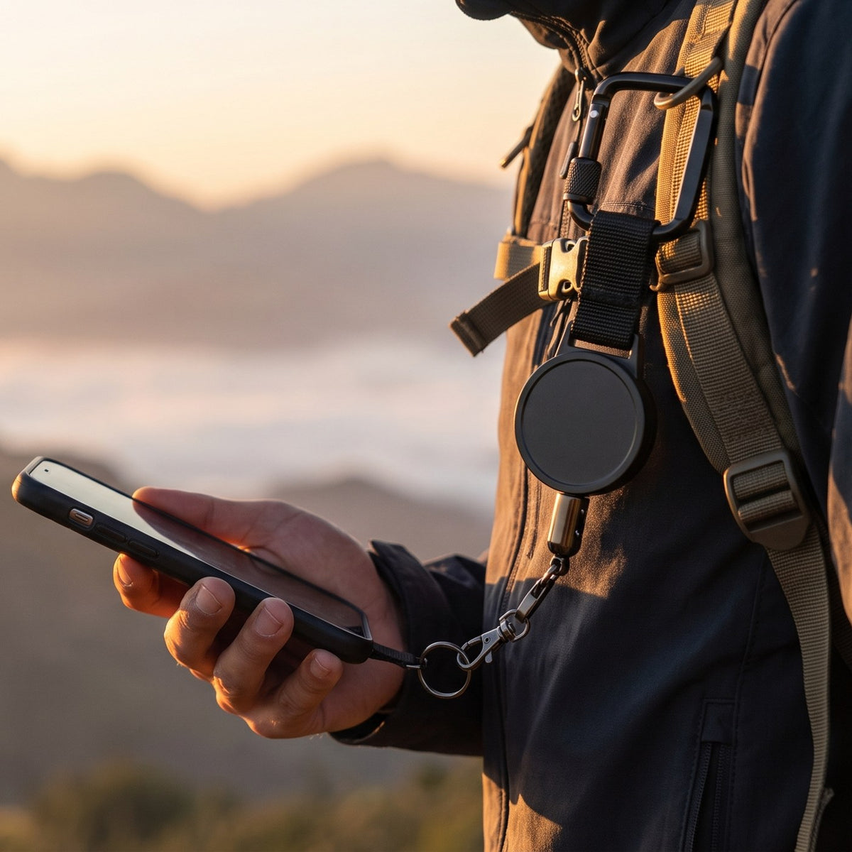 Mobillina™ på sekkestroppen – mobilen holdes fast med linen i solnedgang på fjellet